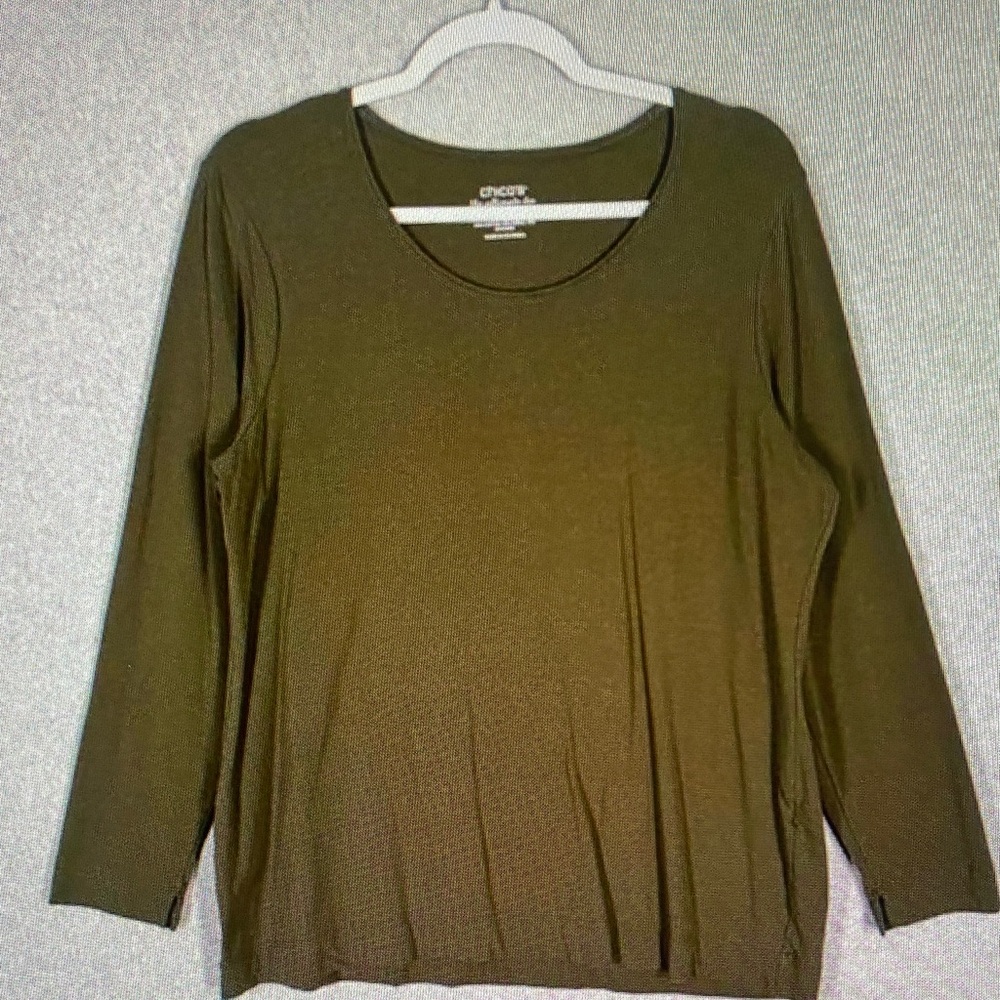 Chico's Olive Scoop Neck Long Sleeve Top